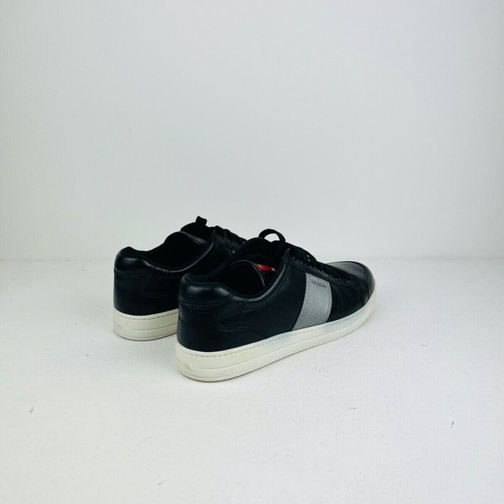 Prada Black Leather Low Top Red Line Logo Chunky Classic Trainers UK 7 - Picture 7 of 12